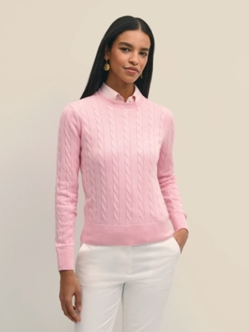 Brooks Brothers Supima® Cotton Cable Crewneck Sweater Pink M - Picture 2 of 6
